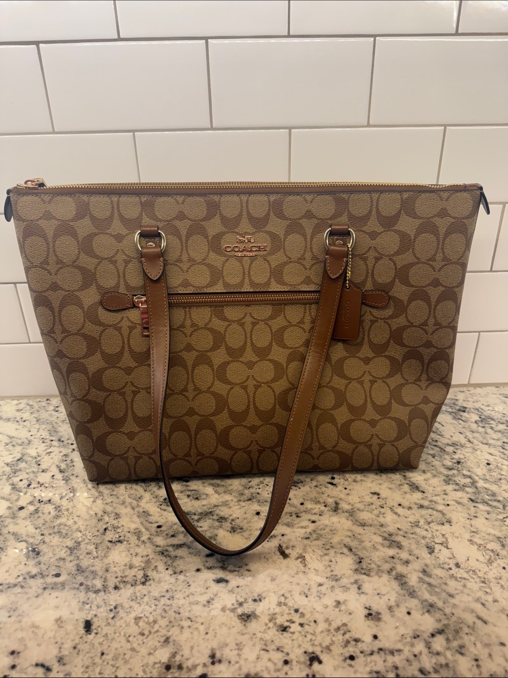 Coach Brown Signature Canvas Tote with Leather Trim
